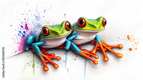 Obraz na płótnie Close-up of a pair of colorful tree frogs, their vibrant hues contrasting against a backdrop of splatter paint. w salonie
