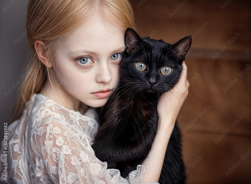 Close-up portrait of a girl and her black cat, showcasing a tender connection.
