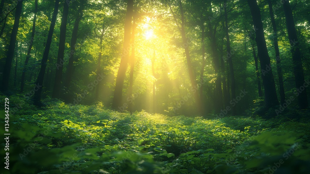 Fototapeta premium Beautiful morning sunlight shining through green forest