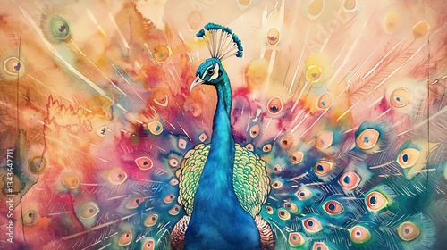 A watercolor painting of a peacock with its feathers spread.