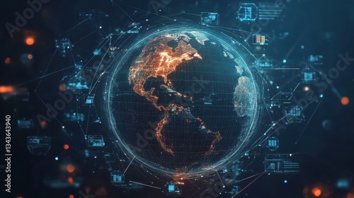 A globe surrounded by logistics icons representing global trade operations.