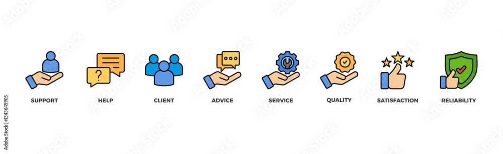 Customer care banner web icon vector illustration concept for customer support and telemarketing service with an icon of help, client, advice, chat, service, reliability, quality, and satisfaction Customer care banner web icon vector illustration concept for customer support and telemarketing service with an icon of help, client, advice, chat, service, reliability, quality, and satisfaction