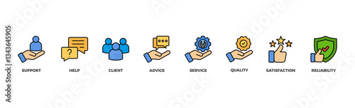 Customer care banner web icon vector illustration concept for customer support and telemarketing service with an icon of help, client, advice, chat, service, reliability, quality, and satisfaction