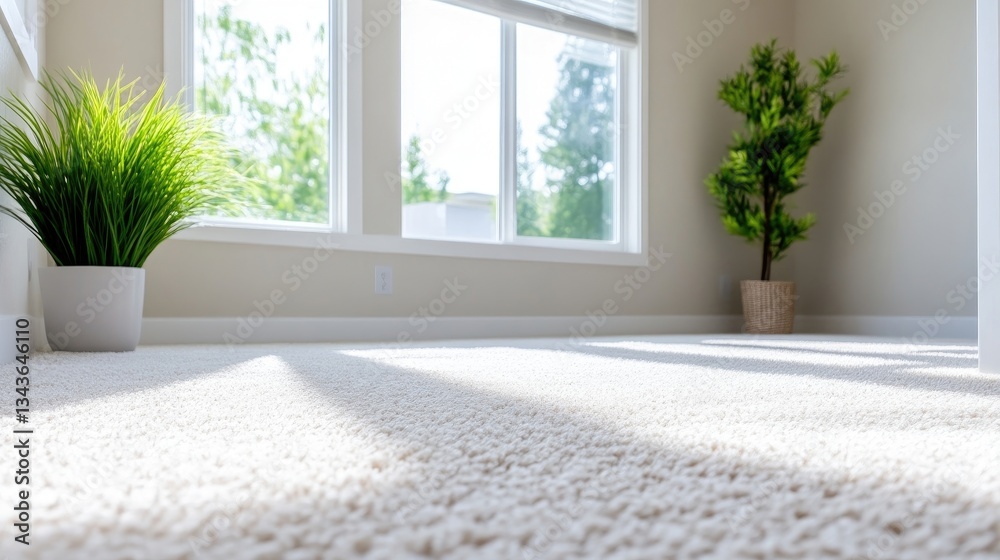 Sunlit room with beige carpet and plants