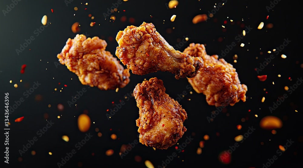 Crispy fried chicken wings in mid-air, spice explosion Crispy fried chicken wings in mid-air, spice explosion