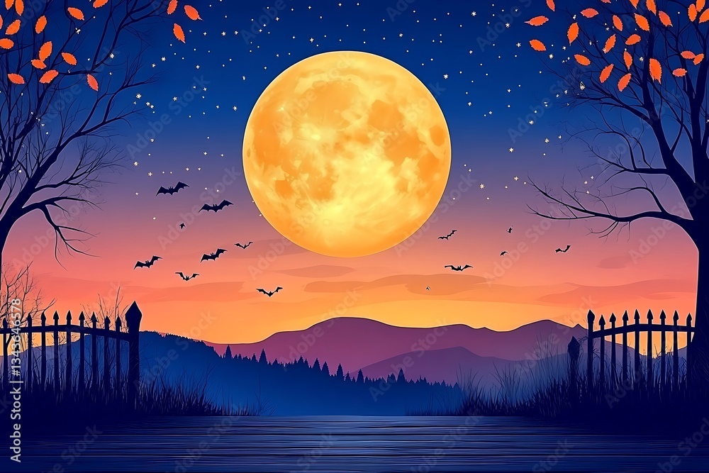 Fototapeta premium A beautiful full moon over a dark night scenery display