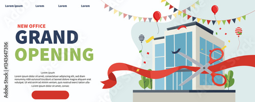 Grand opening office with a red ribbon cutting website template poster banner vector with white background.