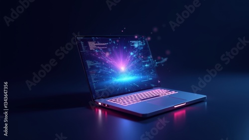 Sleek laptop with a glowing, AI-enhanced keyboard and holographic screen. Illuminated keys and flowing data on the screen