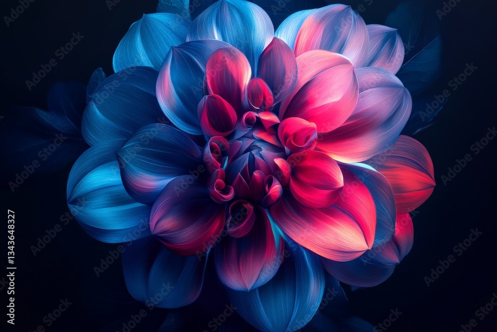 Brightly colored flower bloom with abstract design in vibrant shades of pink and blue on dark background Brightly colored flower bloom with abstract design in vibrant shades of pink and blue on dark background