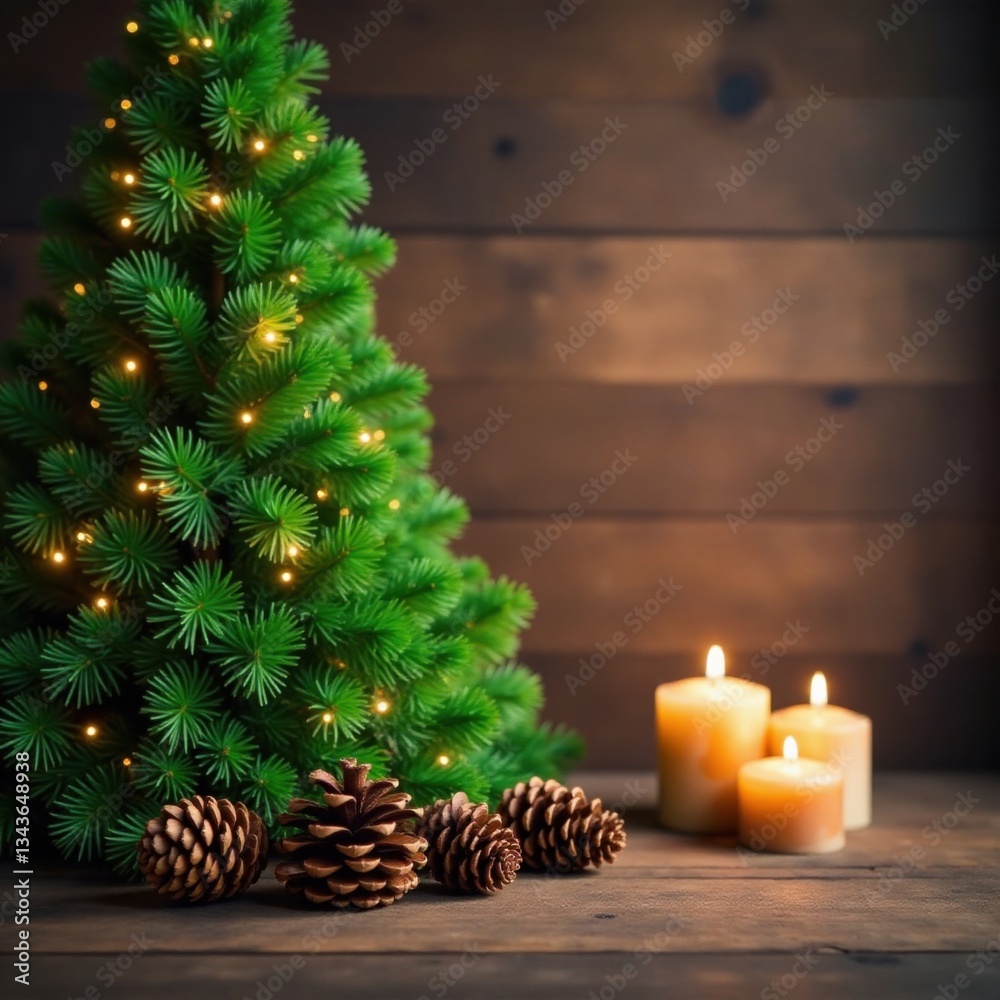 Lush green Christmas tree branches set against a rustic wooden background with pinecones and candles in a warm golden light, holiday, warm glow Lush green Christmas tree branches set against a rustic wooden background with pinecones and candles in a warm golden light, holiday, warm glow