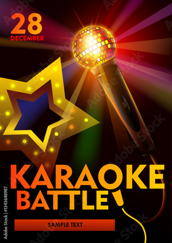 Karaoke contest, cafe, party poster template. Microphone with discoball, star with lights and text. Editable EPS 10 vector