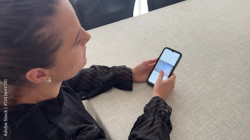 Mulher faz comunicação com celular trabalhando em casa 