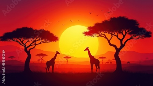Safari adventures background, featuring silhouettes of giraffes and acacia trees against a glowing sunset 