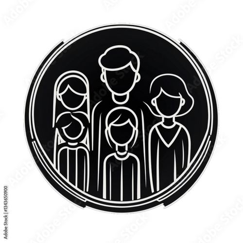 Family of Five Portrait Line Drawing in Circle for Unity Representation