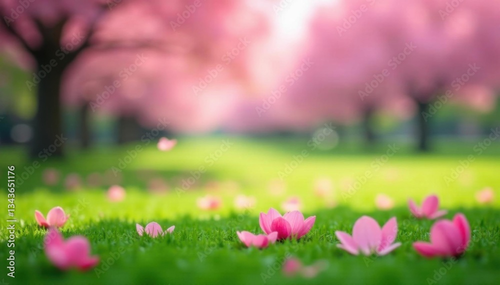 Fototapeta premium mesmerizing pink sakura petals drifting gently on a soft focus green grass , green, soft focus, abstract