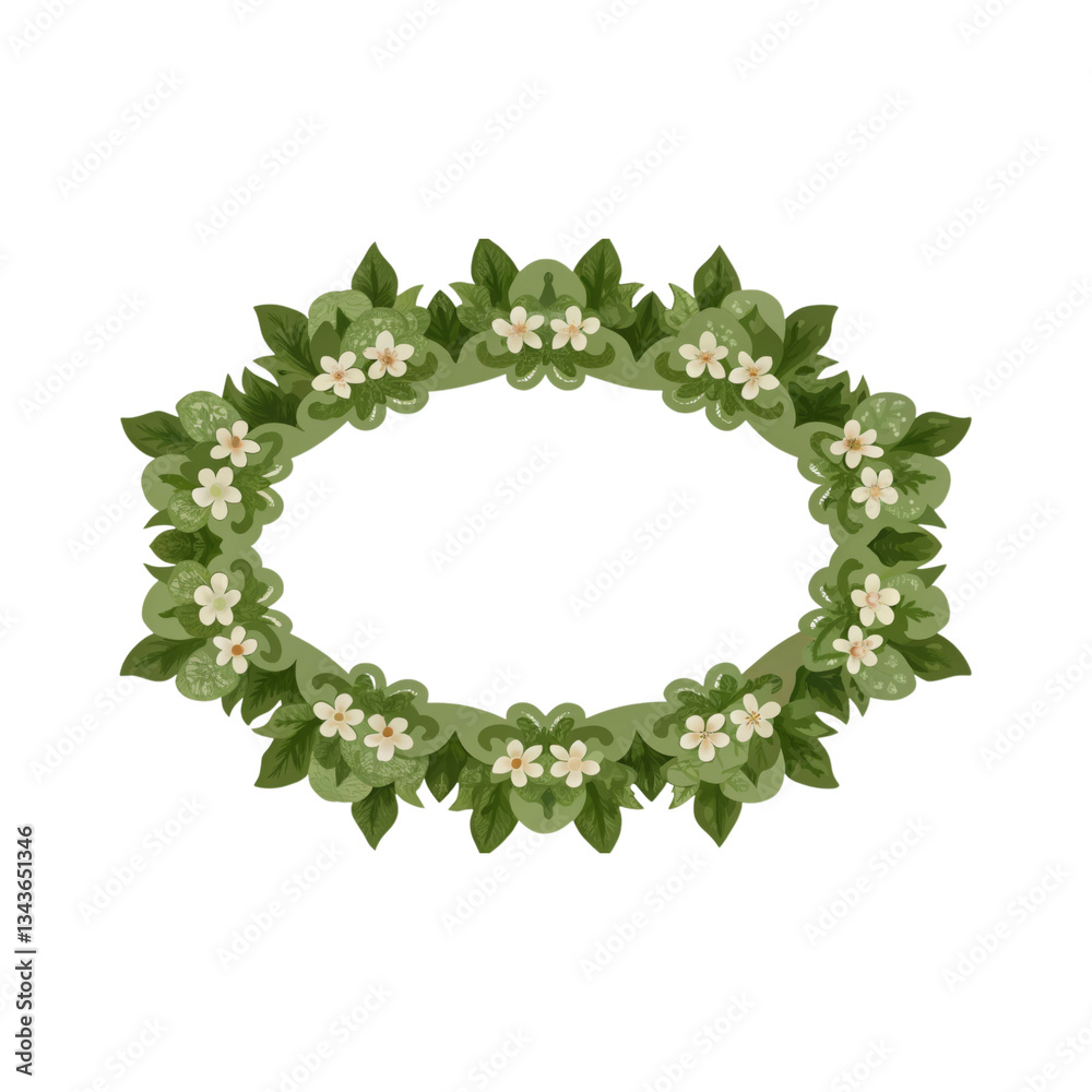 Fototapeta premium A decorative green floral frame featuring leaves and small white flowers, ideal for highlighting text or images.