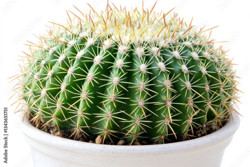 Vibrant green cactus with pronounced spines in a simple white pot positioned against a clean background