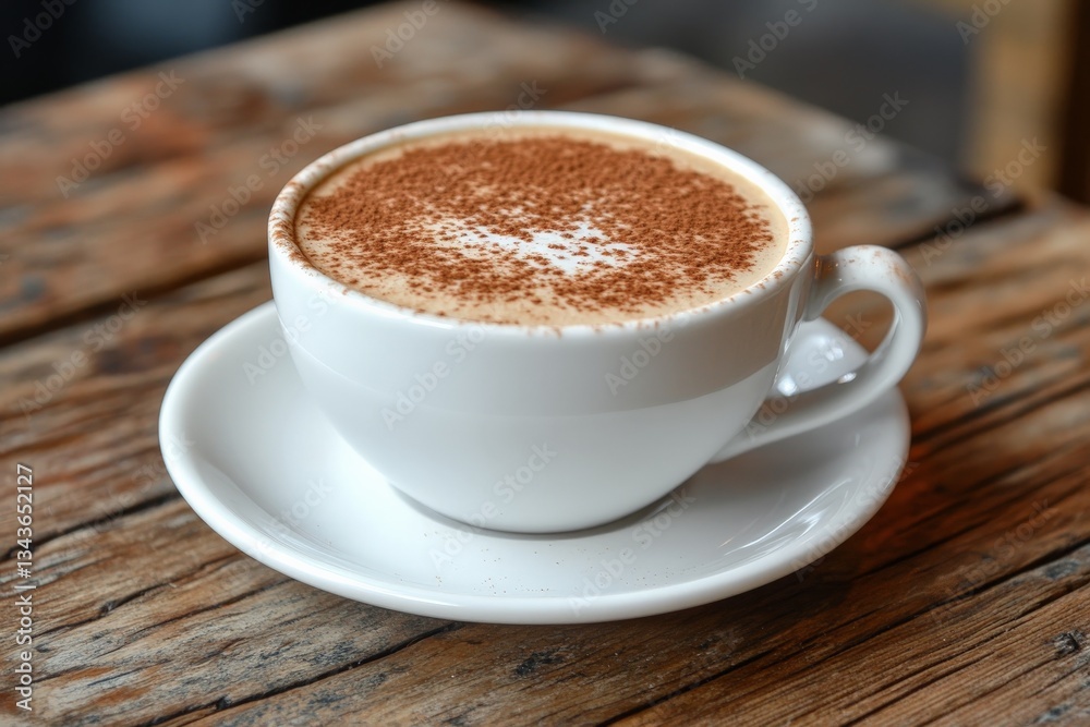 Warm cup of coffee with cocoa dusting served on a rustic wooden table in a cozy cafe setting Warm cup of coffee with cocoa dusting served on a rustic wooden table in a cozy cafe setting