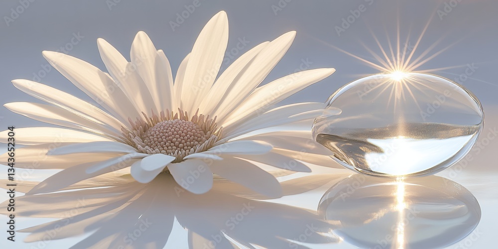 Obraz premium A white daisy flower with a clear sphere reflecting light on a reflective surface