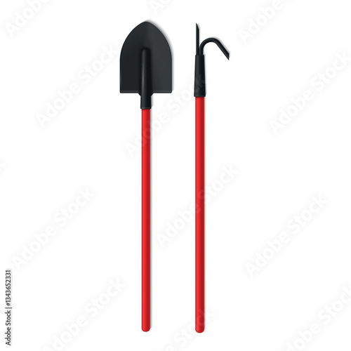 Firefighting equipment shovel and hook emergency protective element realistic vector