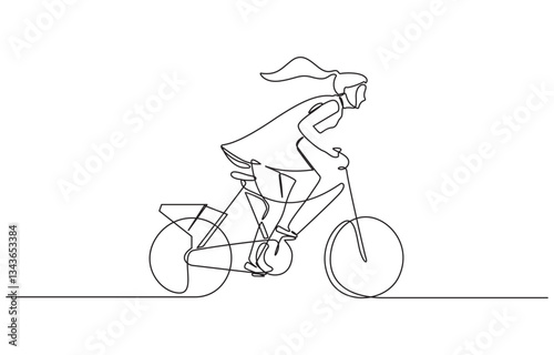 Woman riding bicycle with basket mouted at front. Side view, One continuous single drawing line art doodle mother, woman, bike, baby, family.