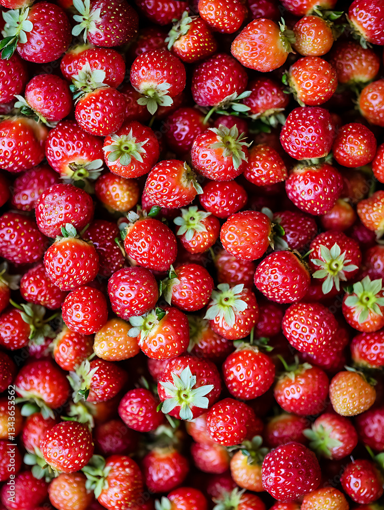A vibrant close-up view of freshly picked strawberries their bright red hues and delicate green stems creating a colorful mosaic.