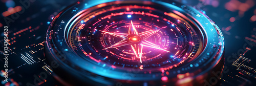 Glowing compass with a six-pointed star surrounded by circuits and vibrant red and blue lights representing technology and direction.