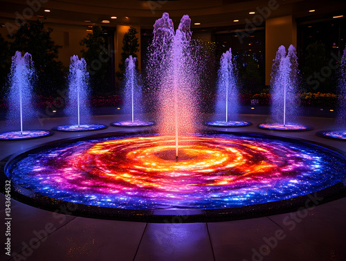 Colorful fountain show at night