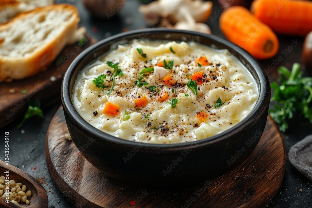 Creamy vegetable soup served in a black bowl surrounded by fresh ingredients and rustic bread Creamy vegetable soup served in a black bowl surrounded by fresh ingredients and rustic bread