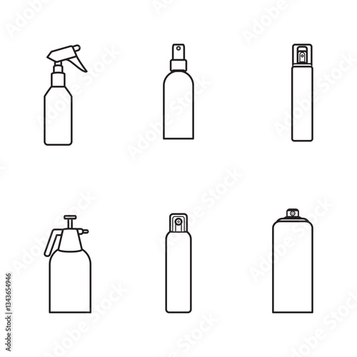 Set of 6 spray bottle icons, including trigger, pump, and aerosol types. Ideal for cleaning, cosmetics, and product design projects.
