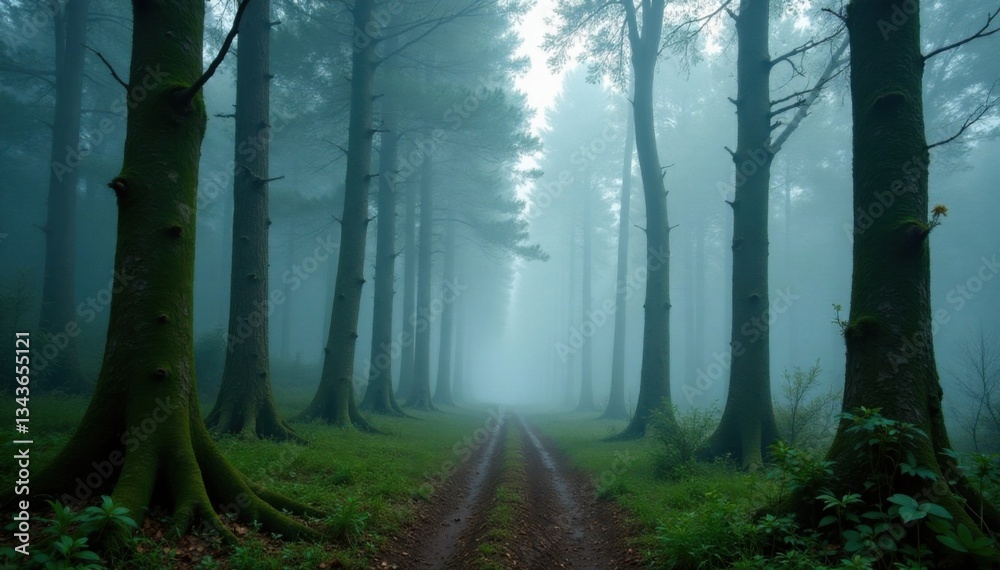 Naklejka premium Misty forest with twisted firs and foggy atmosphere, vintage, nature