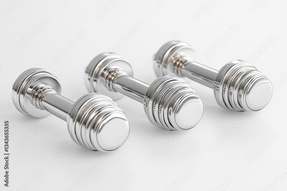 Silver adjustable dumbbells lined up on a white background ready for a workout session Silver adjustable dumbbells lined up on a white background ready for a workout session