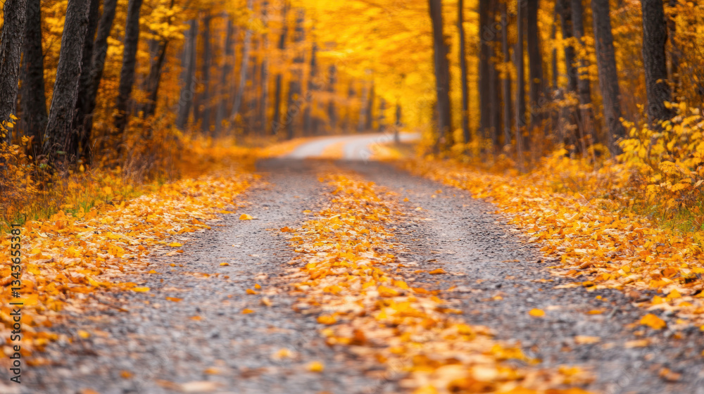 Fototapeta premium Scenic autumn forest pathway covered in vibrant golden leaves