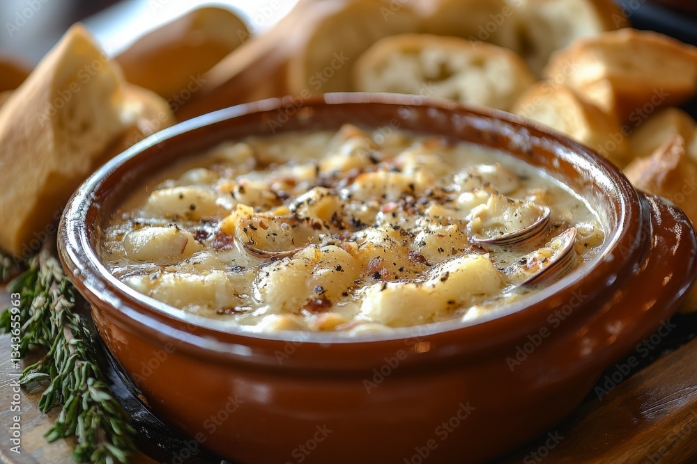 Creamy seafood chowder served in a rustic bowl with fresh bread on the side in a cozy setting Creamy seafood chowder served in a rustic bowl with fresh bread on the side in a cozy setting