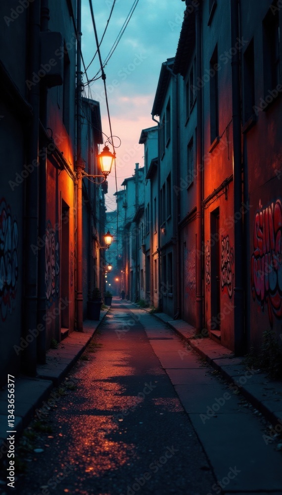 Fototapeta premium Moody cityscape with dark alleys and graffiti at dusk, darkness, nightlife