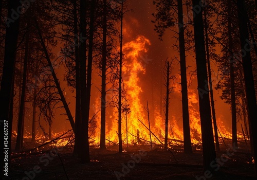 Inferno in the Forest: A terrifying forest fire rages, flames licking at the towering trees in a dramatic display of destruction and natural disaster. Witness the untamed power and danger of nature.