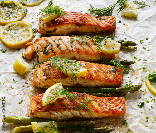 Baked salmon and green asparagus with aromatic herbs and lemon slices on baking paper, close up view
