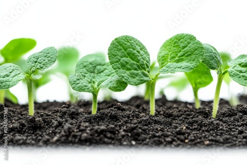 Young green seedlings growing in rich dark soil under bright light in a nurturing environment photo