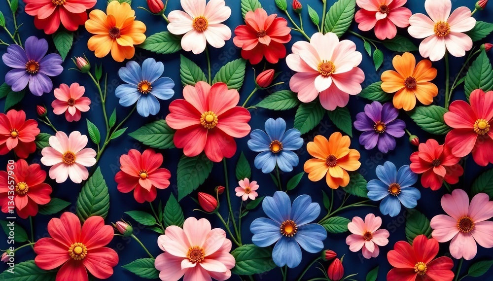 Continuous blooming floral motif, densely packed, vibrant, vibrant, seamless, textile Continuous blooming floral motif, densely packed, vibrant, vibrant, seamless, textile