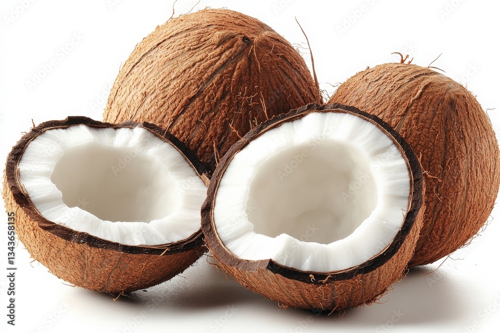 Fresh coconuts on display with their shells intact and one half opened, showcasing the white flesh inside Fresh coconuts on display with their shells intact and one half opened, showcasing the white flesh inside
