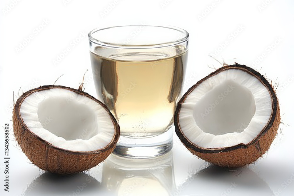 Fresh coconut with coconut water in a glass, showcasing natural beverages for health conscious individuals Fresh coconut with coconut water in a glass, showcasing natural beverages for health conscious individuals
