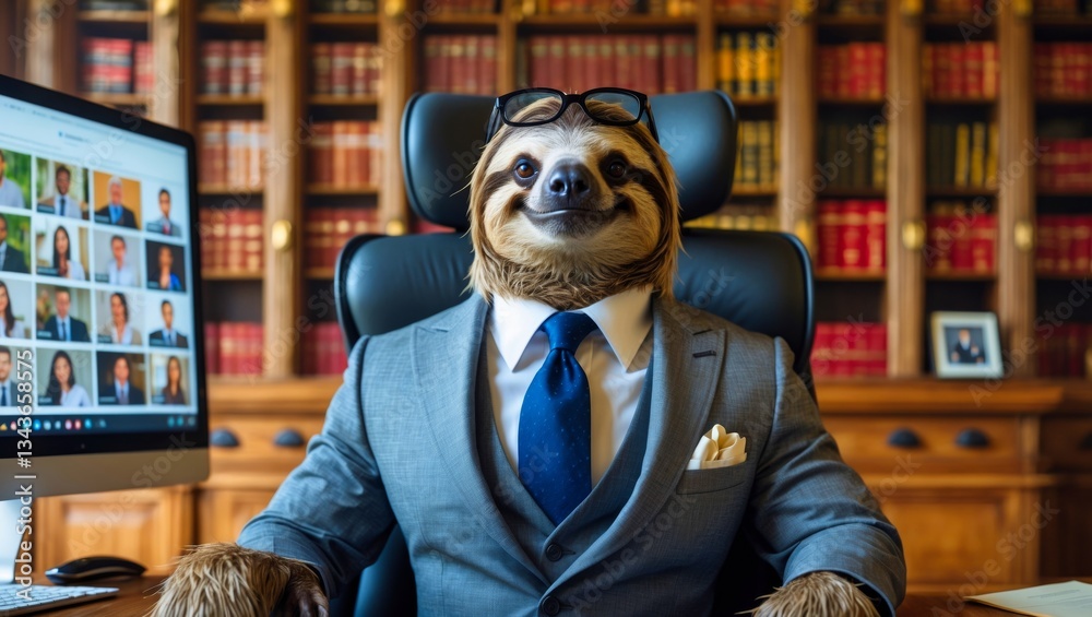 A sloth attends a virtual meeting dressed in a business suit. The sloth sits in a chair with a library of books behind it. A sloth attends a virtual meeting dressed in a business suit. The sloth sits in a chair with a library of books behind it.