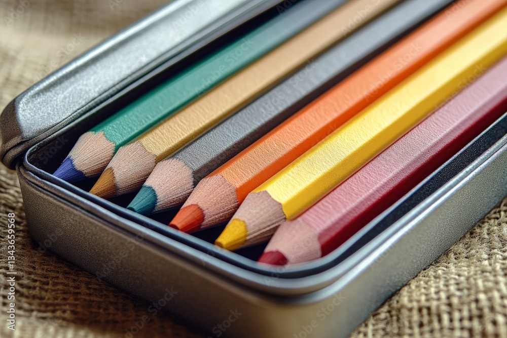 Colorful pencils arranged neatly inside a metal case on a textured surface Colorful pencils arranged neatly inside a metal case on a textured surface