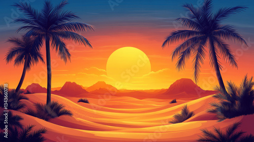 Sunset over Desert Oasis with Palm Trees