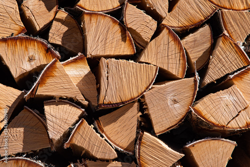Birch firewood. A stack of birch logs chopped into four pieces. Firewood for the stove.