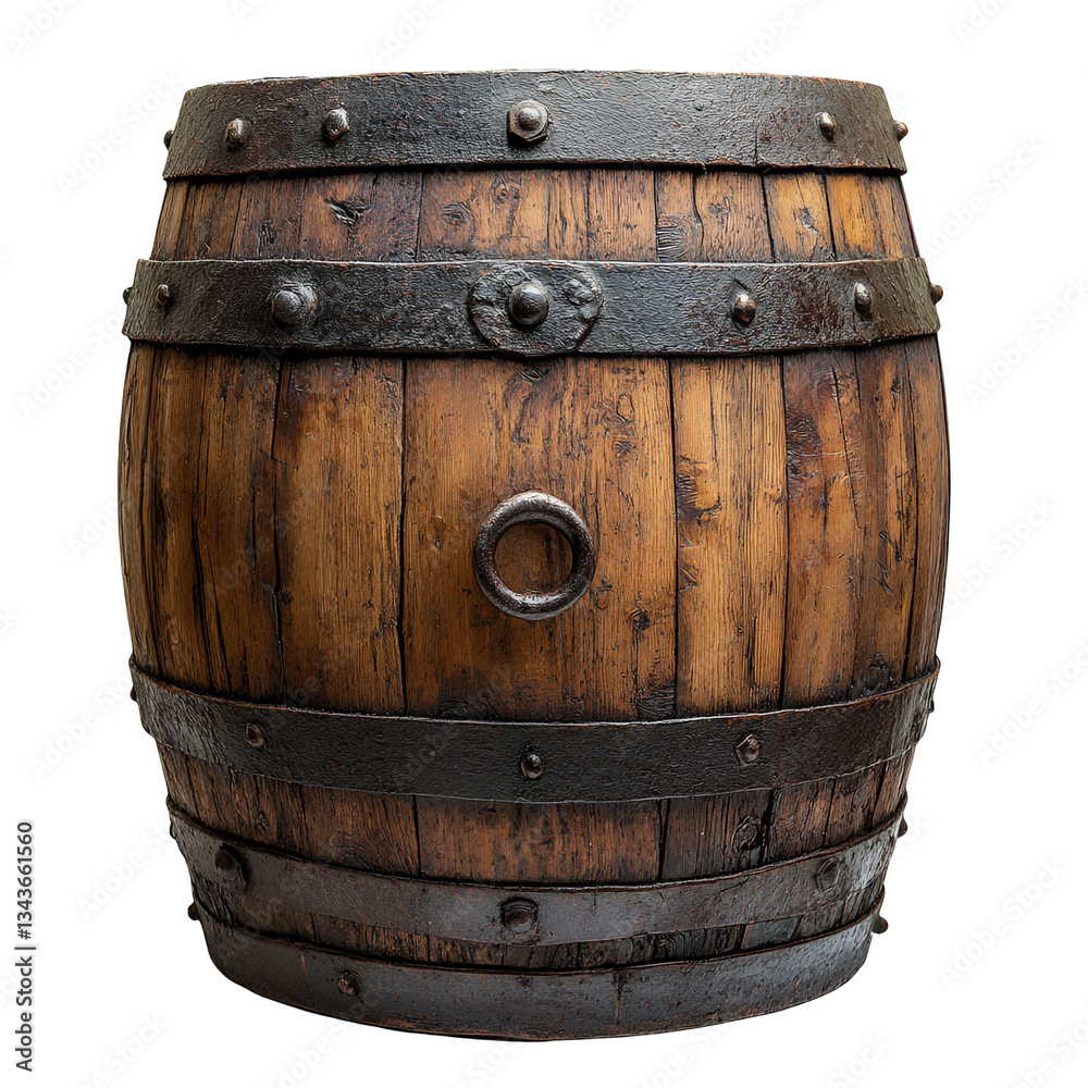 Obraz premium Antique Wooden Barrel with Iron Bands Rustic Vintage Wine Cask Aged Oak Texture