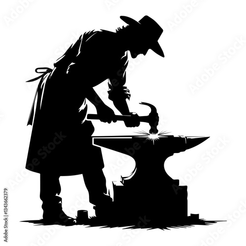 A black and white silhouette of a blacksmith working on an anvil. White isolated background. Vector graphics. EPS