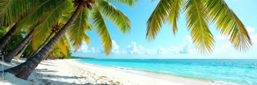 Palm trees sway gently in warm ocean breeze, with sandy beach and turquoise water in the background , palm trees, beach Palm trees sway gently in warm ocean breeze, with sandy beach and turquoise water in the background , palm trees, beach