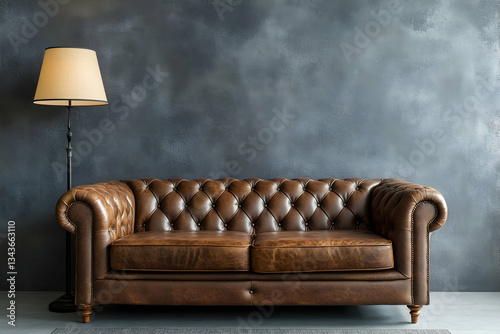 Vintage leather sofa with a lamp on a gray background, front view. Brown vintage Chesterfield loveseat in the old interior design of a home living room. Shallow depth of field