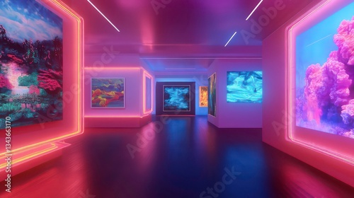 Neon-lit gallery corridor showcasing vibrant abstract art.